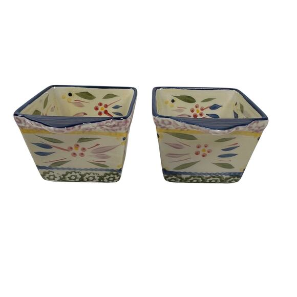 TEMPTATIONS by Tara Old World Ramekins 10oz Square Floral Blue Ovenware Set of 2 - Picture 5 of 12